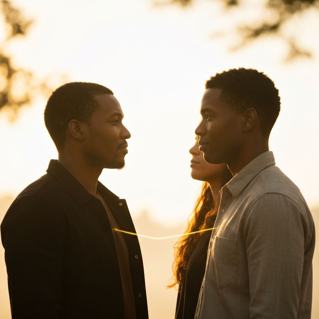 People connected through light, standing in soft warm glow facing each other